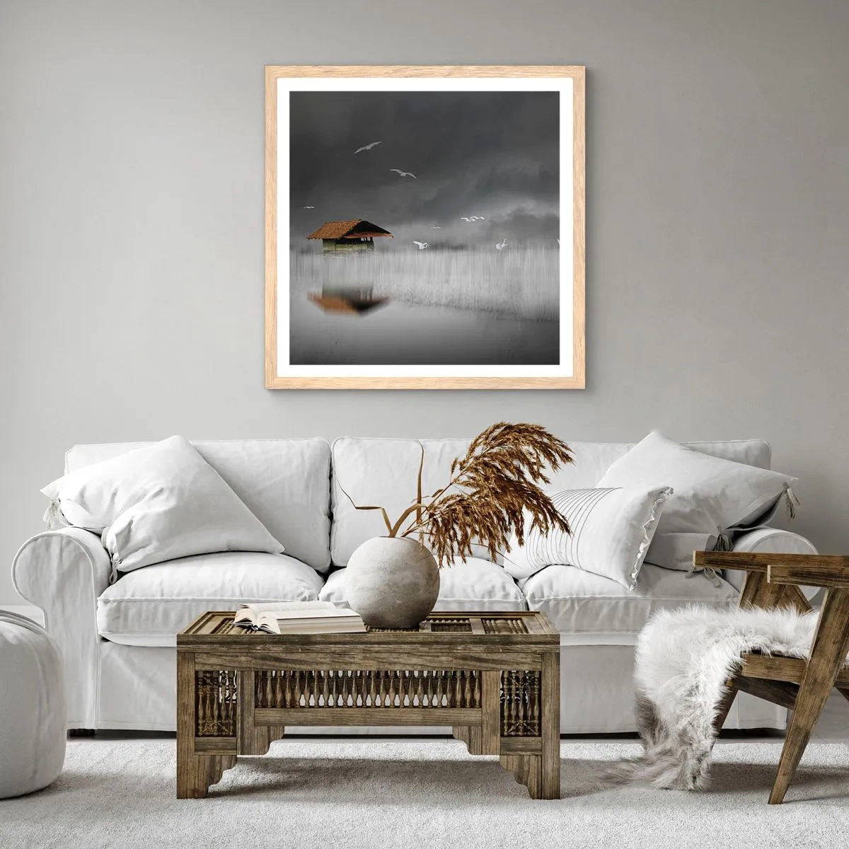 Plakát v rámu světlý dub - Úkryt před deštěm - 50x50 cm