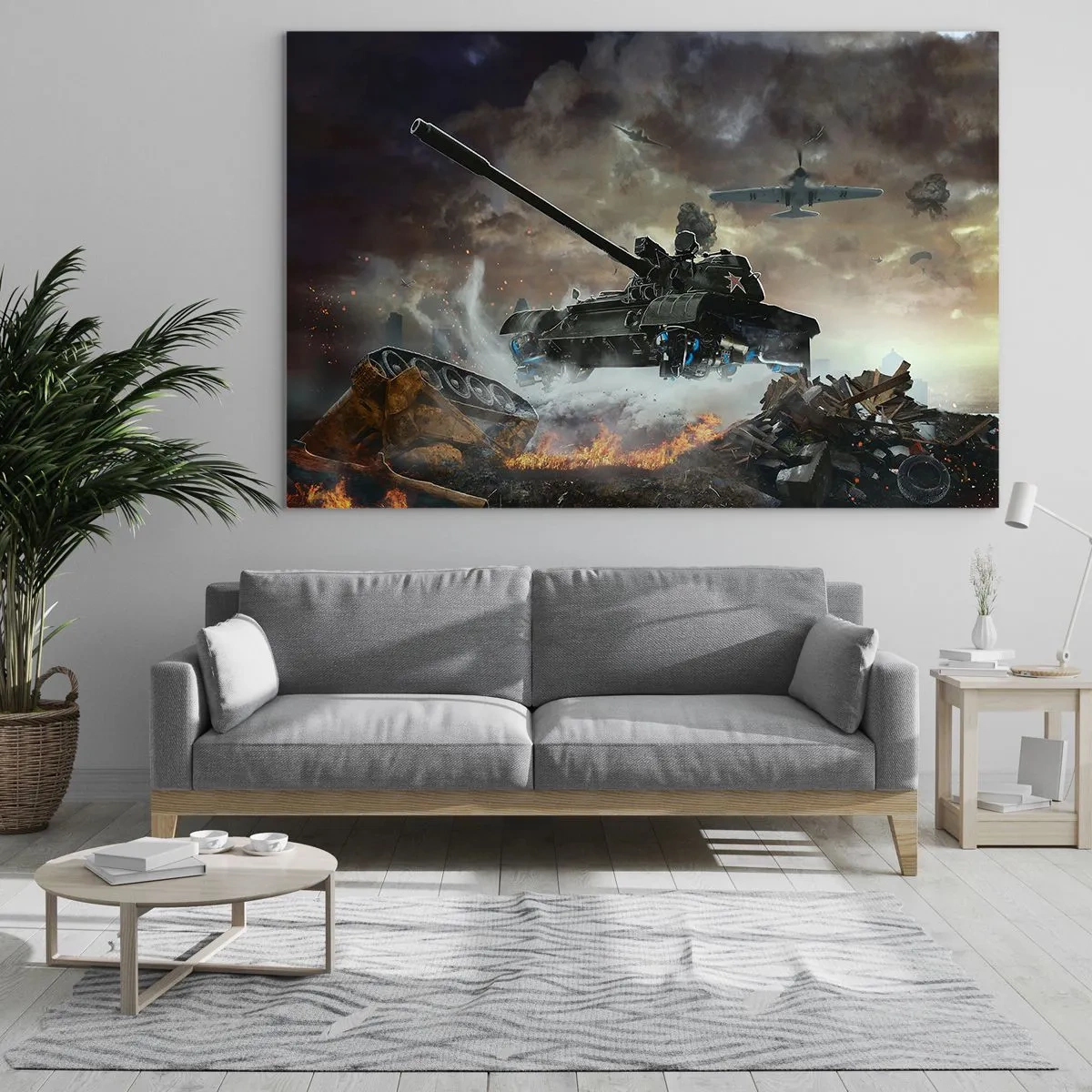 Obraz na skle - Tank v akci na pozadí dramatického bojiště. - 70x50cm - Bitva je hrozná a krásná - Moderní nástěnná dekorace do obývacího pokoje a ložnice ARTTOR