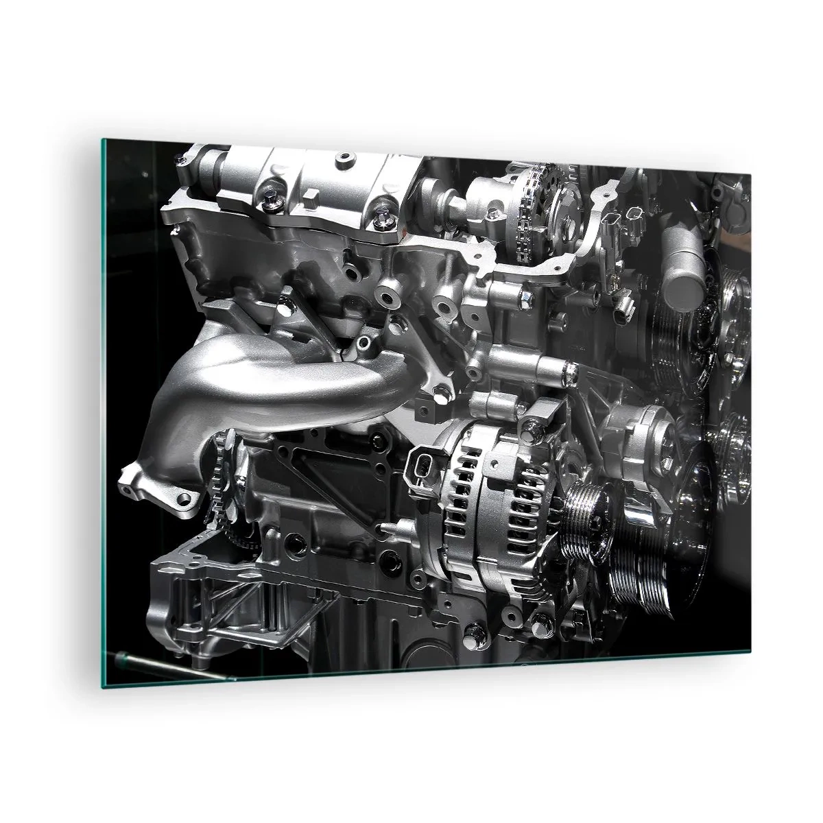 Obraz na skle - Detaily kovového motoru na černém pozadí - 70x50cm - Kovový, krásný, silný - Moderní nástěnná dekorace do obývacího pokoje a ložnice ARTTOR