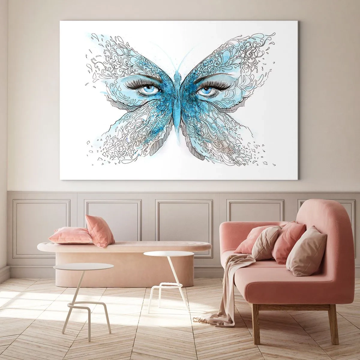 Obraz na skle - Motýl s modrými křídly a lidskýma očima v uměleckém stylu. - 70x50cm - Sýkora modřinka eros - Moderní nástěnná dekorace do obývacího pokoje a ložnice ARTTOR