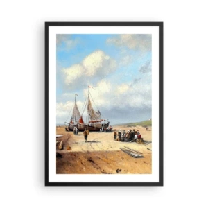 Plakát v černém rámu - Tradiční rybářské lodě a rybáři na písečné pláži - 50x70cm - Po úspěšném rybolovu - Moderní nástěnná dekorace do obývacího pokoje a ložnice ARTTOR