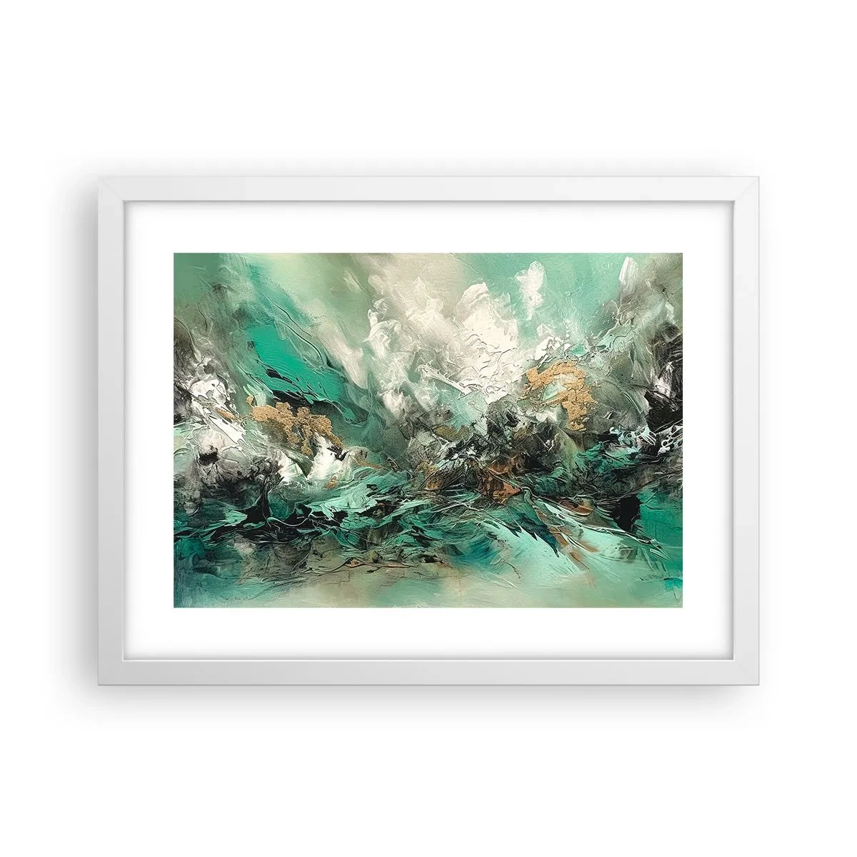 Plakát v bílém rámu - Smaragdově černé vlnobití - 40x30 cm