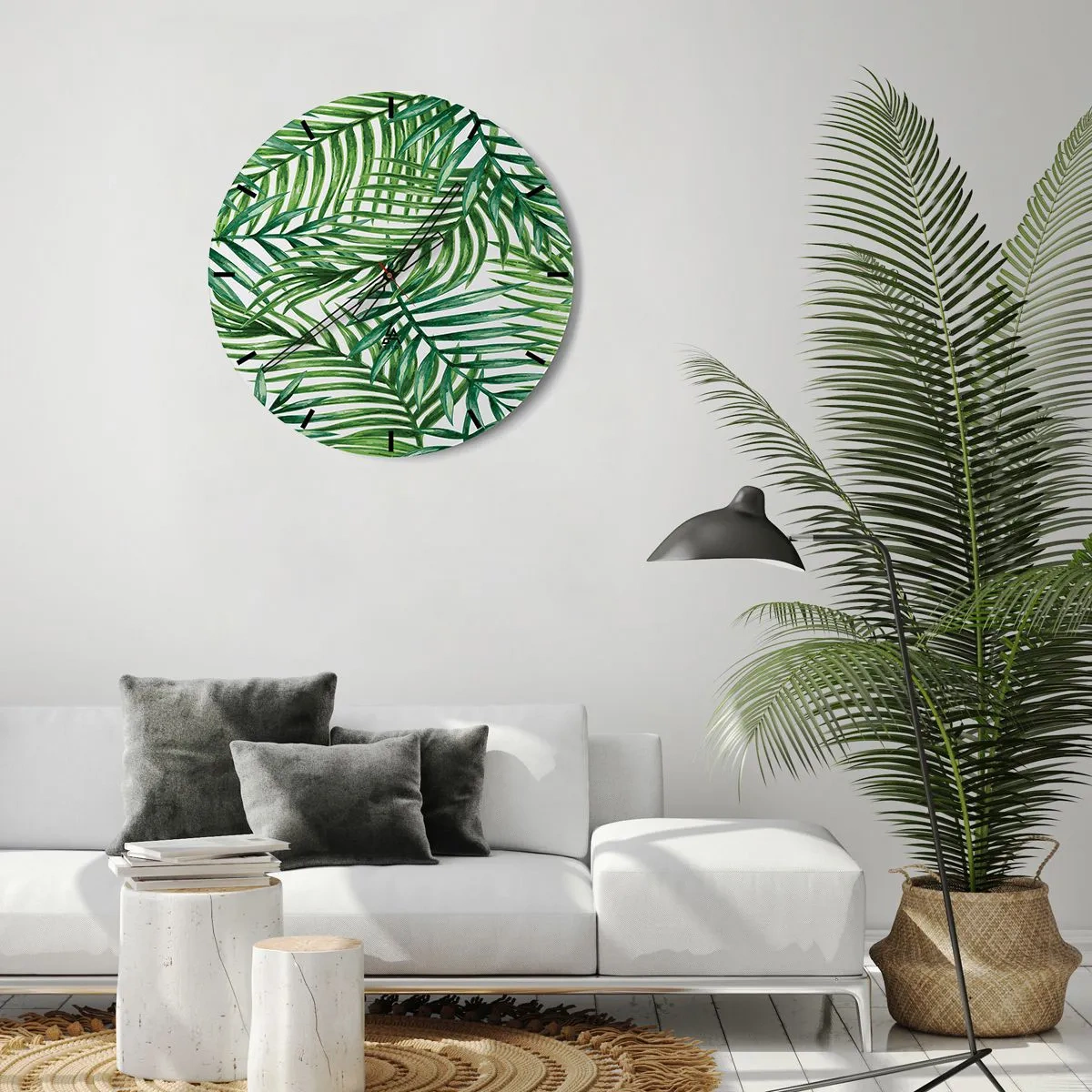 Nástěnné hodiny - Zelené palmové listy uspořádané v husté kompozici - 30x30cm - Pod zeleným baldachýnem - Moderní nástěnná dekorace do obývacího pokoje, kuchyně a ložnice ARTTOR