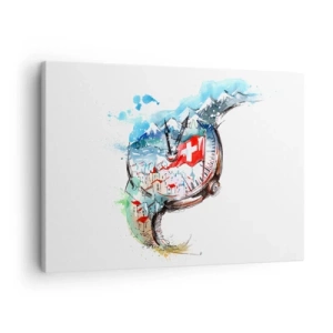 Obraz na plátně - Akvarelová krajina Švýcarska v hodinovém designu - 70x50cm - Duch Švýcarska - Moderní nástěnná dekorace do obývacího pokoje a ložnice ARTTOR
