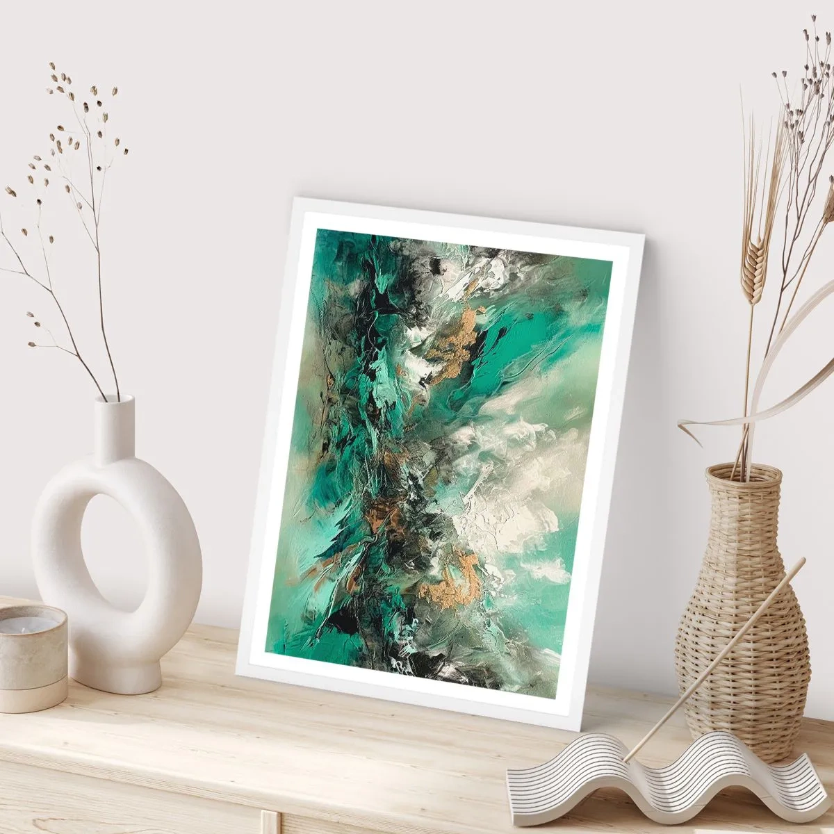 Plakát v bílém rámu - Smaragdově černé vlnobití - 61x91 cm