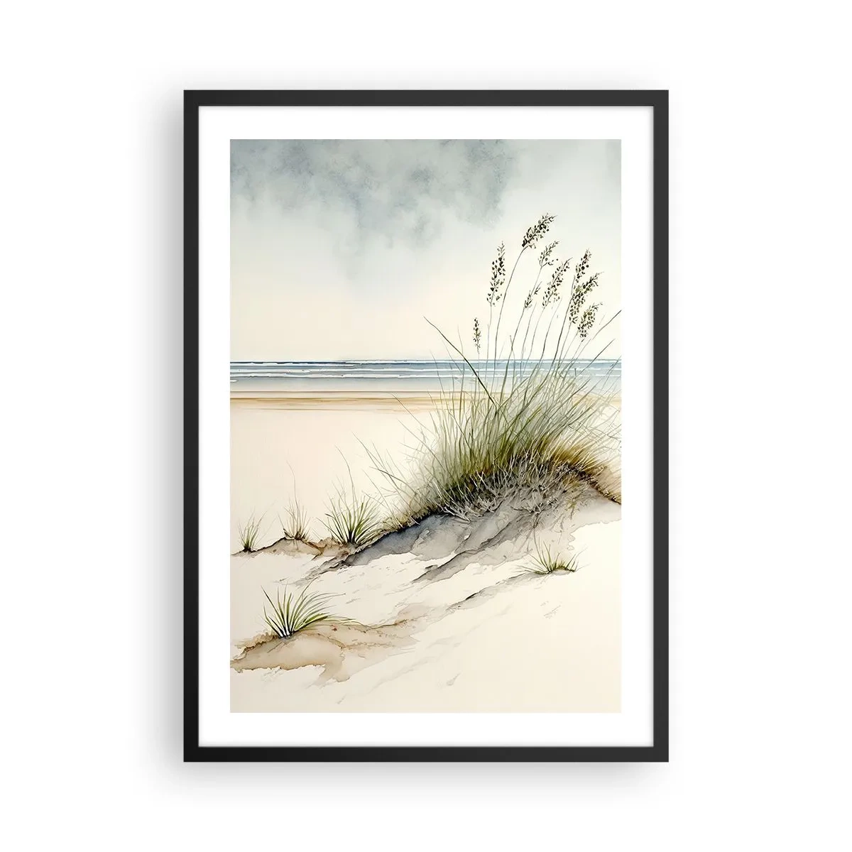 Plakát v černém rámu - Pohlazen větrem - trávy na dunách u pláže - 50x70cm - Stvořená větrem - Moderní nástěnná dekorace do obývacího pokoje a ložnice ARTTOR