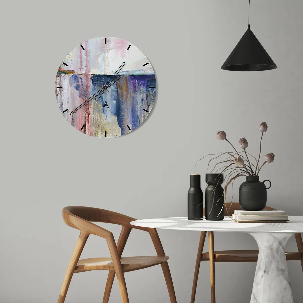 Nástěnné hodiny - Malířská kompozice s barevnými záblesky v odstínech modré a růžové. - 30x30cm - Barevné dojmy a asociace - Moderní nástěnná dekorace do obývacího pokoje, kuchyně a ložnice ARTTOR