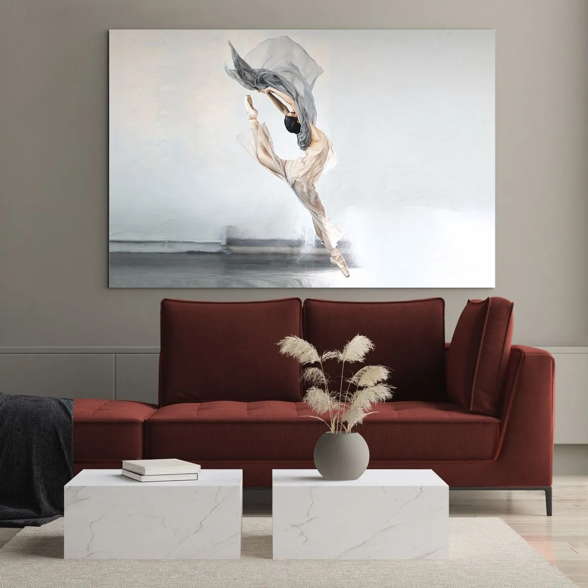 Obraz na skle - Baletka provádí dynamický skok v měkkém světle. - 70x50cm - V tanečním vytržení - Moderní nástěnná dekorace do obývacího pokoje a ložnice ARTTOR