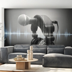 Fototapeta Premium Canvas - Ještě je slyšet zpěv - Mikrofon, Hudební sluchátka, Hudba - 250x175 cm