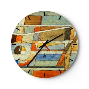 Nástěnné hodiny - Abstraktní vzor s oranžovou, béžovou a modrou barvou - 30x30cm - Kubismus na stavbě - Moderní nástěnná dekorace do obývacího pokoje, kuchyně a ložnice ARTTOR