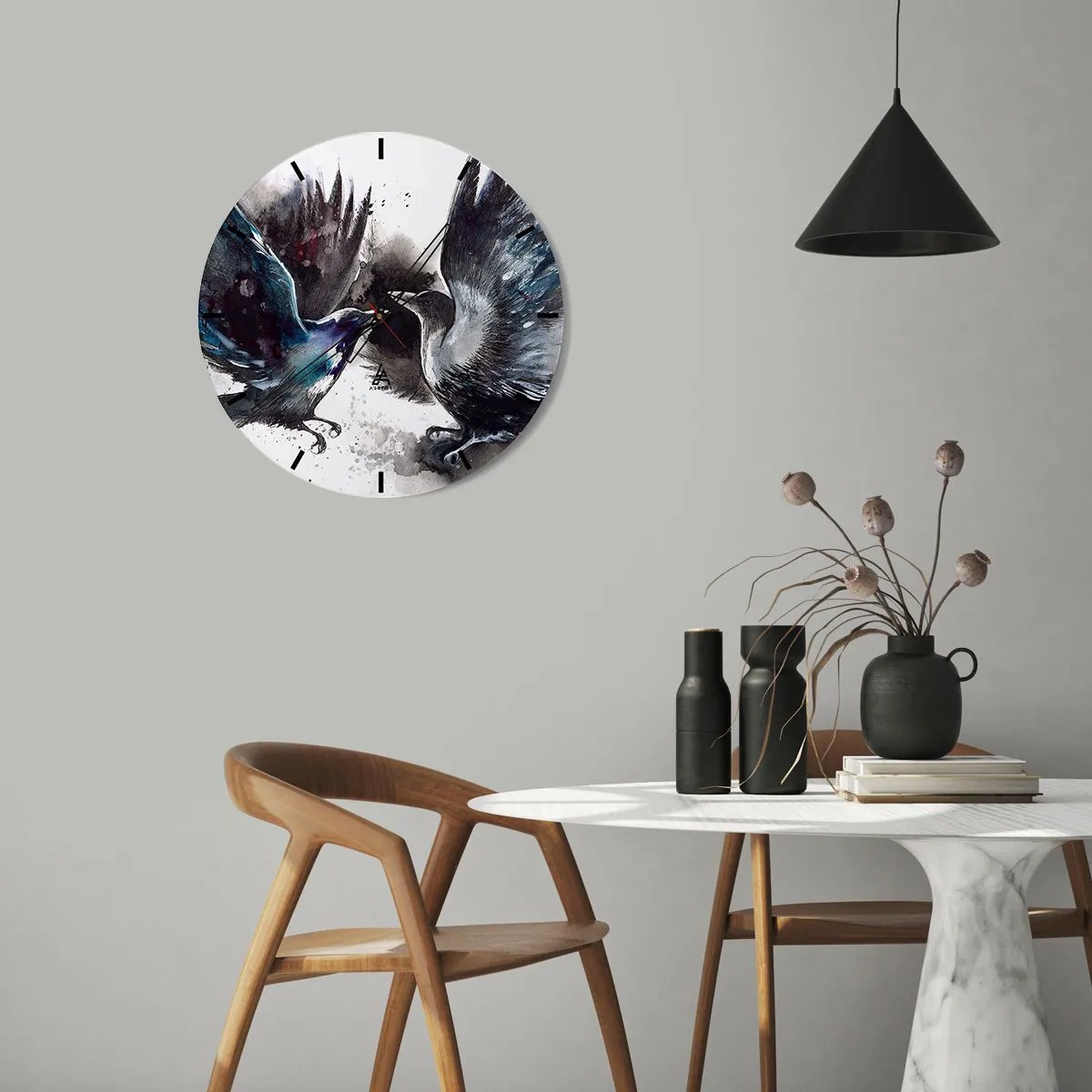 Nástěnné hodiny - Umělecké znázornění dvou havranů v dynamické póze - 30x30cm - Havran havranovi… - Moderní nástěnná dekorace do obývacího pokoje, kuchyně a ložnice ARTTOR