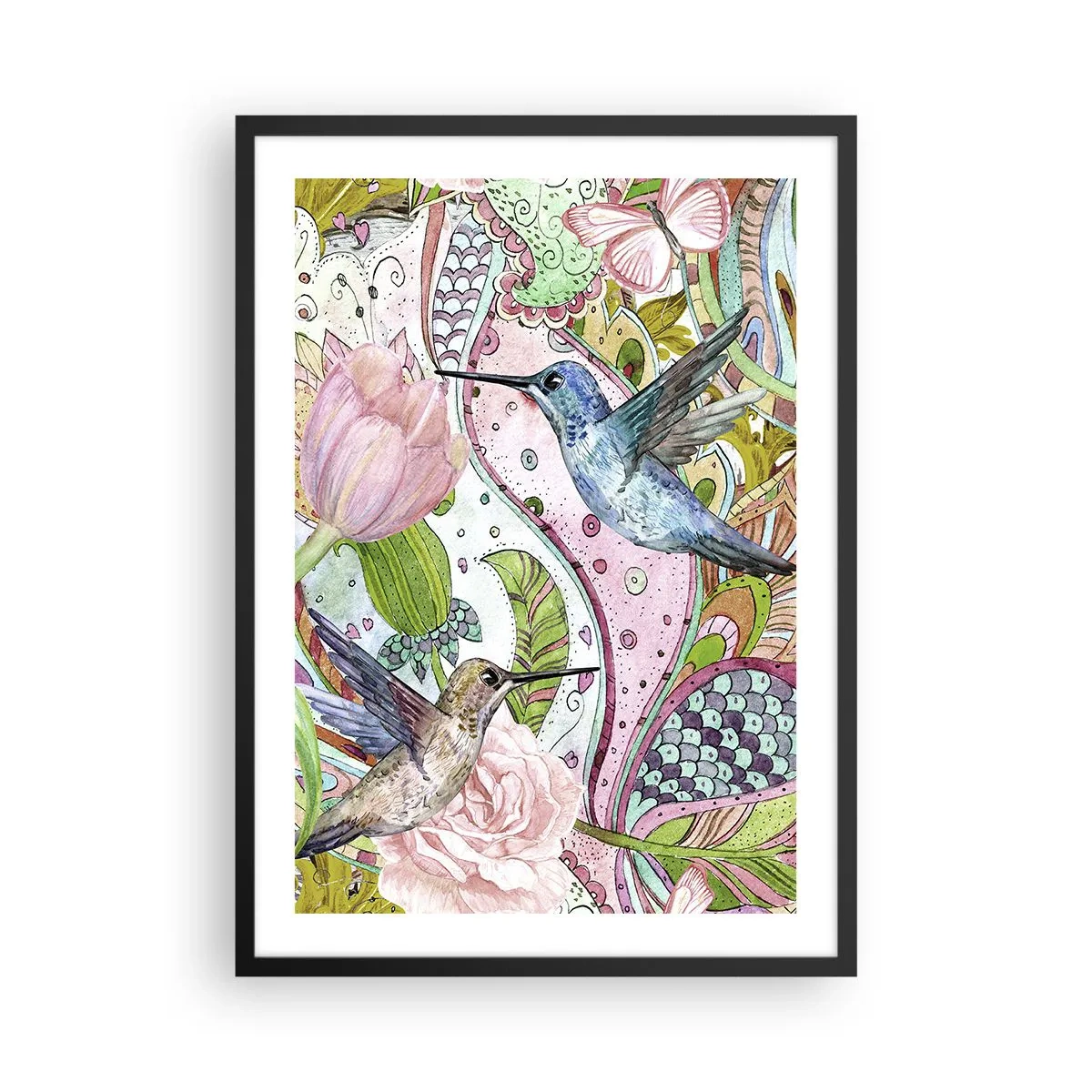 Plakát v černém rámu - Barevní kolibříci na pozadí květin a vzorů - 50x70cm - Zamotané do lián - Moderní nástěnná dekorace do obývacího pokoje a ložnice ARTTOR