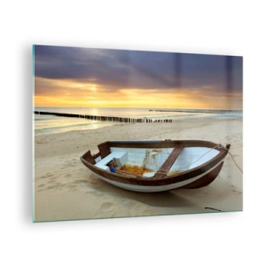 Obraz na skle - Loď na písečné pláži při východu slunce - 70x50cm - Neexistuje krásnější pláž - Moderní nástěnná dekorace do obývacího pokoje a ložnice ARTTOR