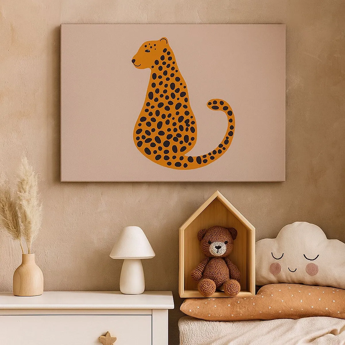 Obraz na plátně - Minimalistická kresba pantera na béžovém pozadí - 70x50cm - Leopardní vzor je v módě - Moderní nástěnná dekorace do obývacího pokoje a ložnice ARTTOR