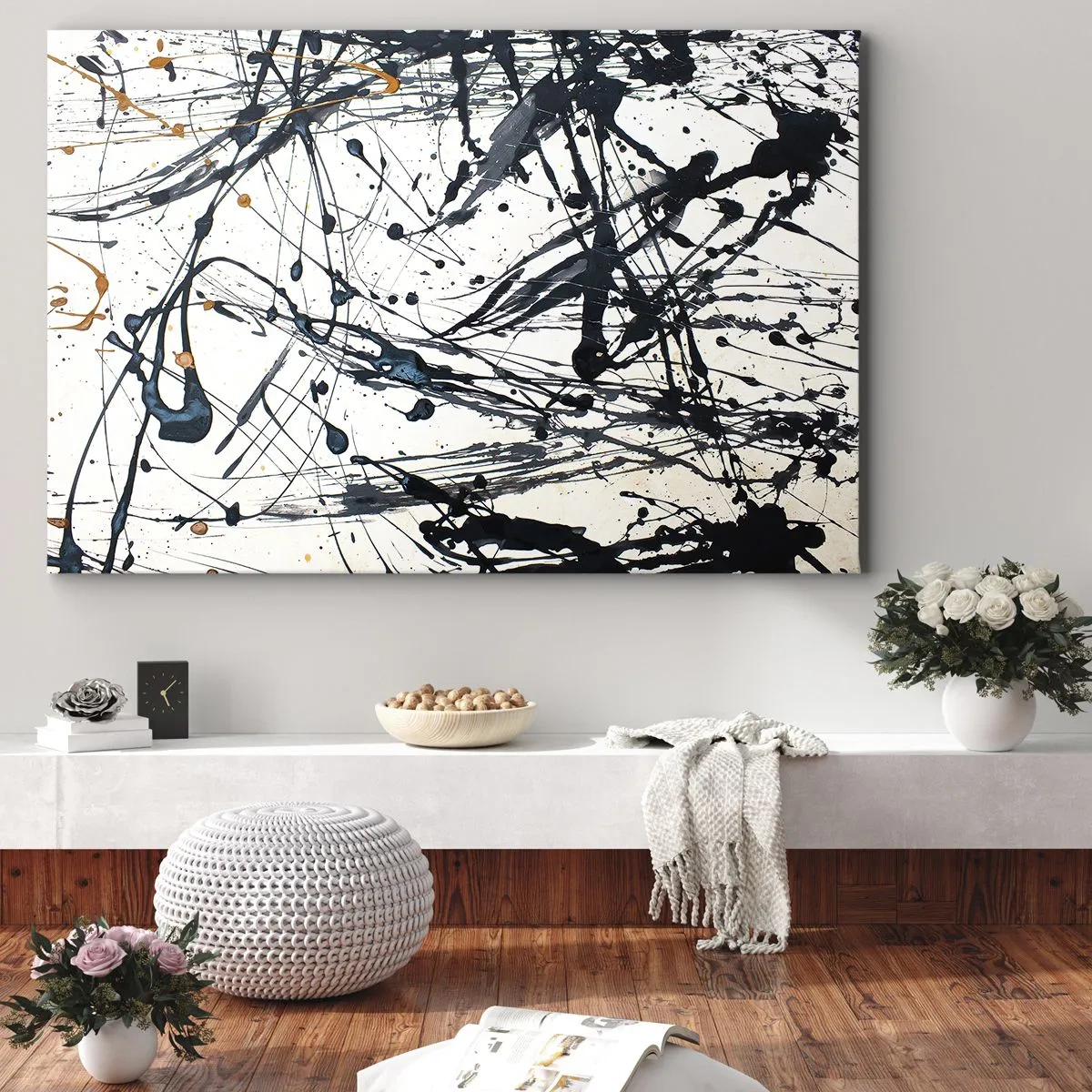 Obraz na plátně - Abstraktní obraz s dynamickými vzory a cákanci barvy. - 70x50cm - Expresionistická abstrakce - Moderní nástěnná dekorace do obývacího pokoje a ložnice ARTTOR