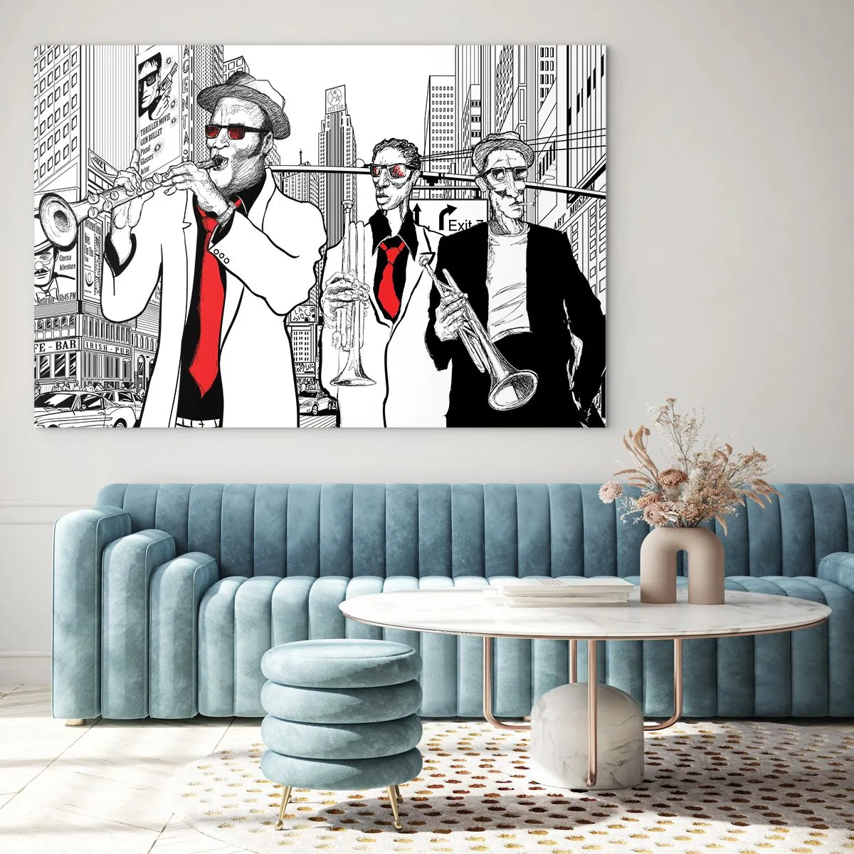 Obraz na skle - Jazzová pouliční kapela s moderním grafickým stylem. - 70x50cm - Městská rapsodie v černé a červené - Moderní nástěnná dekorace do obývacího pokoje a ložnice ARTTOR
