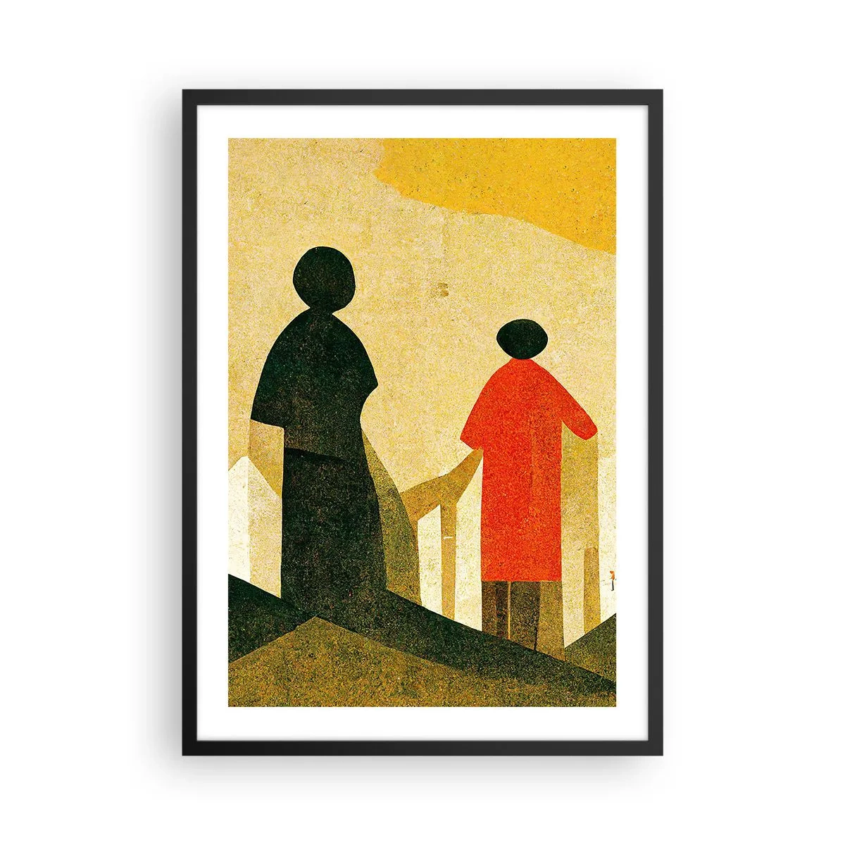 Plakát v černém rámu - Geometrické siluety postav na pozadí abstraktní krajiny - 50x70cm - Ještě hodně daleko - Moderní nástěnná dekorace do obývacího pokoje a ložnice ARTTOR