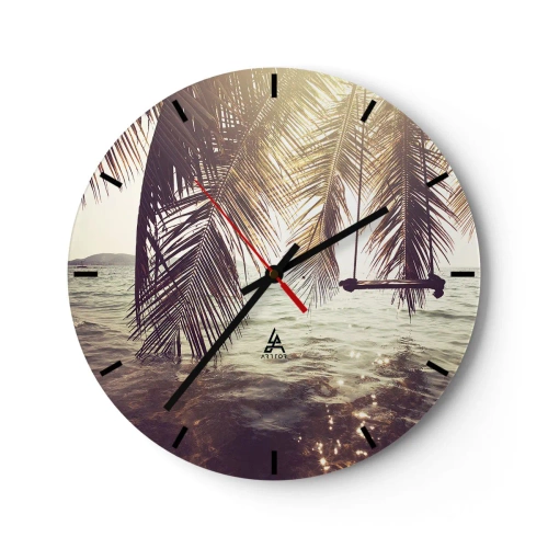 Nástěnné hodiny - Houpací sítě a palmy nad vodou při západu slunce - 30x30cm - Houpat se libovolně v oblacích - Moderní nástěnná dekorace do obývacího pokoje, kuchyně a ložnice ARTTOR