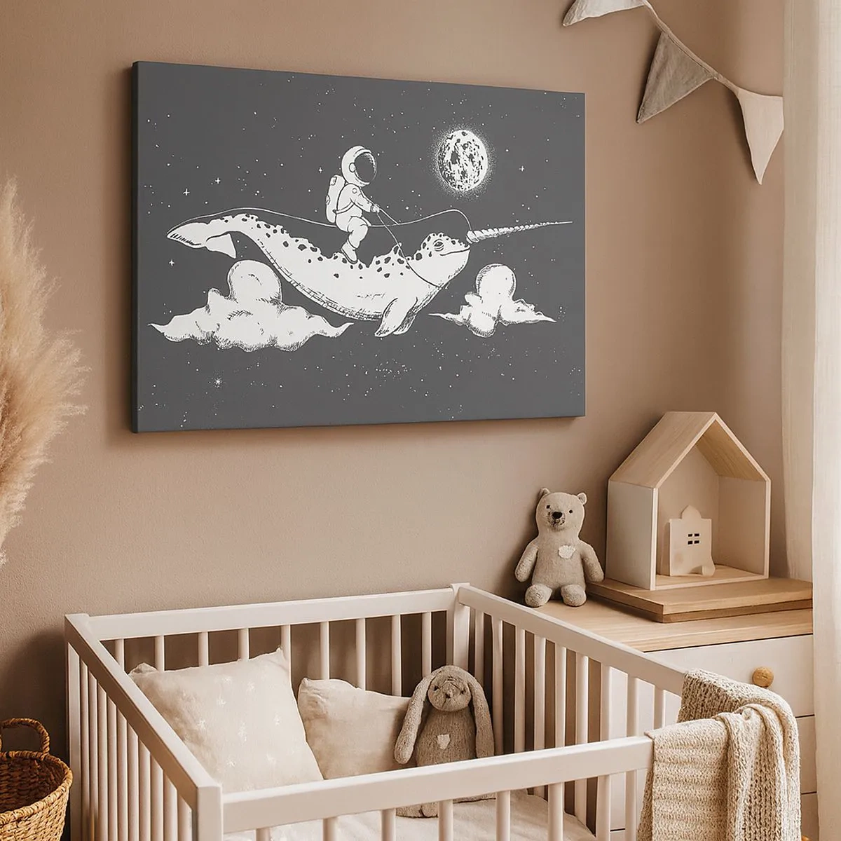 Obraz na plátně - Astronaut na zádech narvala plujícího ve vesmírné scéně. - 70x50cm - Vesmírný jezdec - Moderní nástěnná dekorace do obývacího pokoje a ložnice ARTTOR