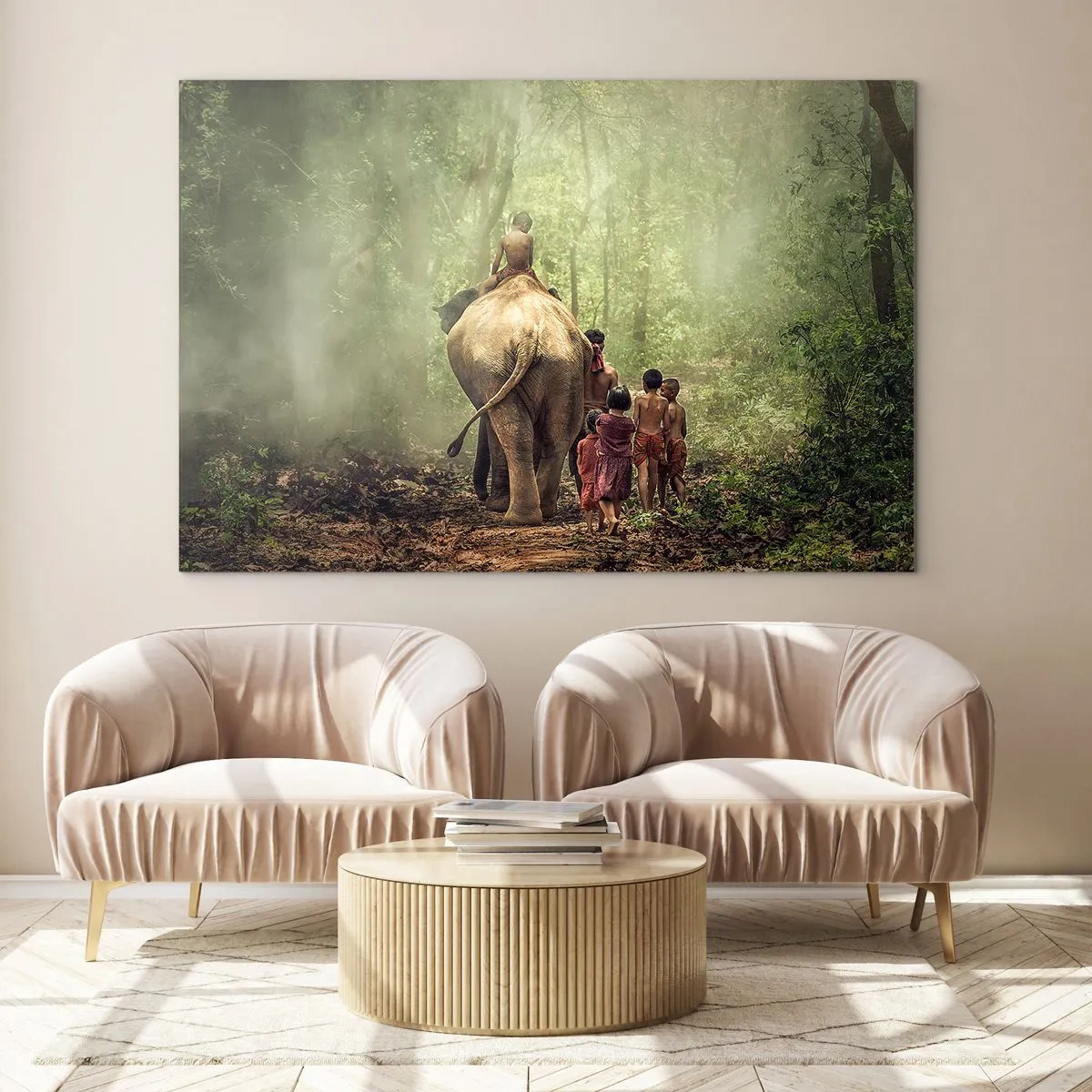 Obraz na skle - Slon v lese s dětmi v tradičních krojích - 70x50cm - Nová Kniha džunglí - Moderní nástěnná dekorace do obývacího pokoje a ložnice ARTTOR