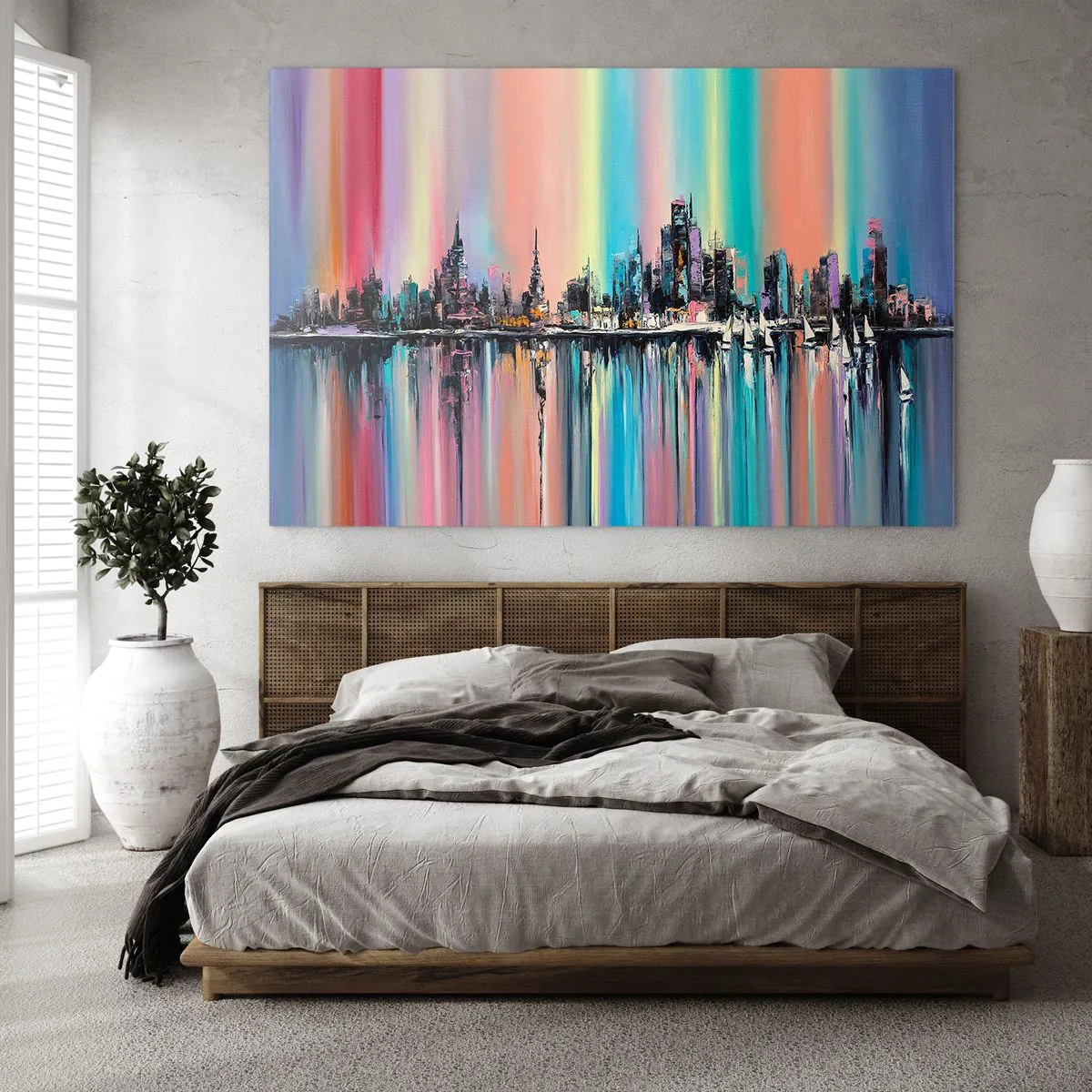Obraz na skle - Abstraktní panorama města s vícebarevným pozadím - 70x50cm - Noční proud světla - Moderní nástěnná dekorace do obývacího pokoje a ložnice ARTTOR