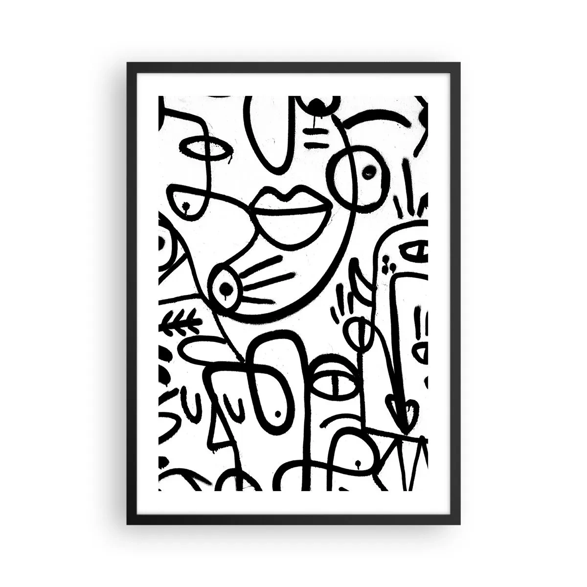 Plakát v černém rámu - Abstraktní černé čáry na bílém pozadí - 50x70cm - Tváře a přeludy - Moderní nástěnná dekorace do obývacího pokoje a ložnice ARTTOR