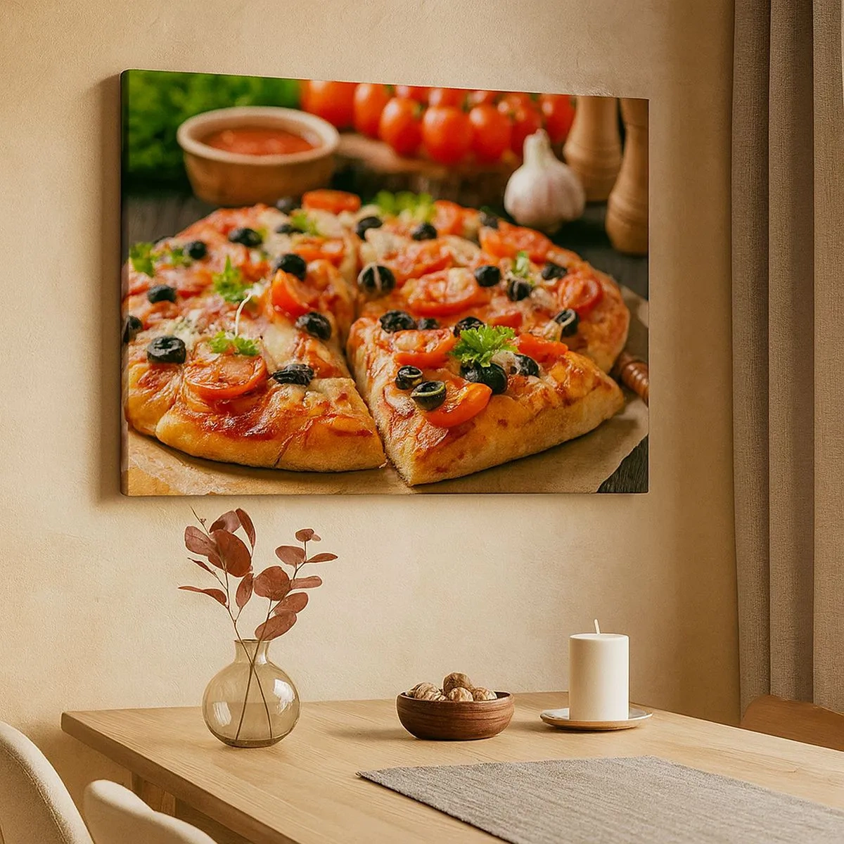 Obraz na plátně - Pizza s rajčaty, olivami a čerstvými bylinkami na stole - 70x50cm - Opět jsi měl štěstí - Moderní nástěnná dekorace do obývacího pokoje a ložnice ARTTOR