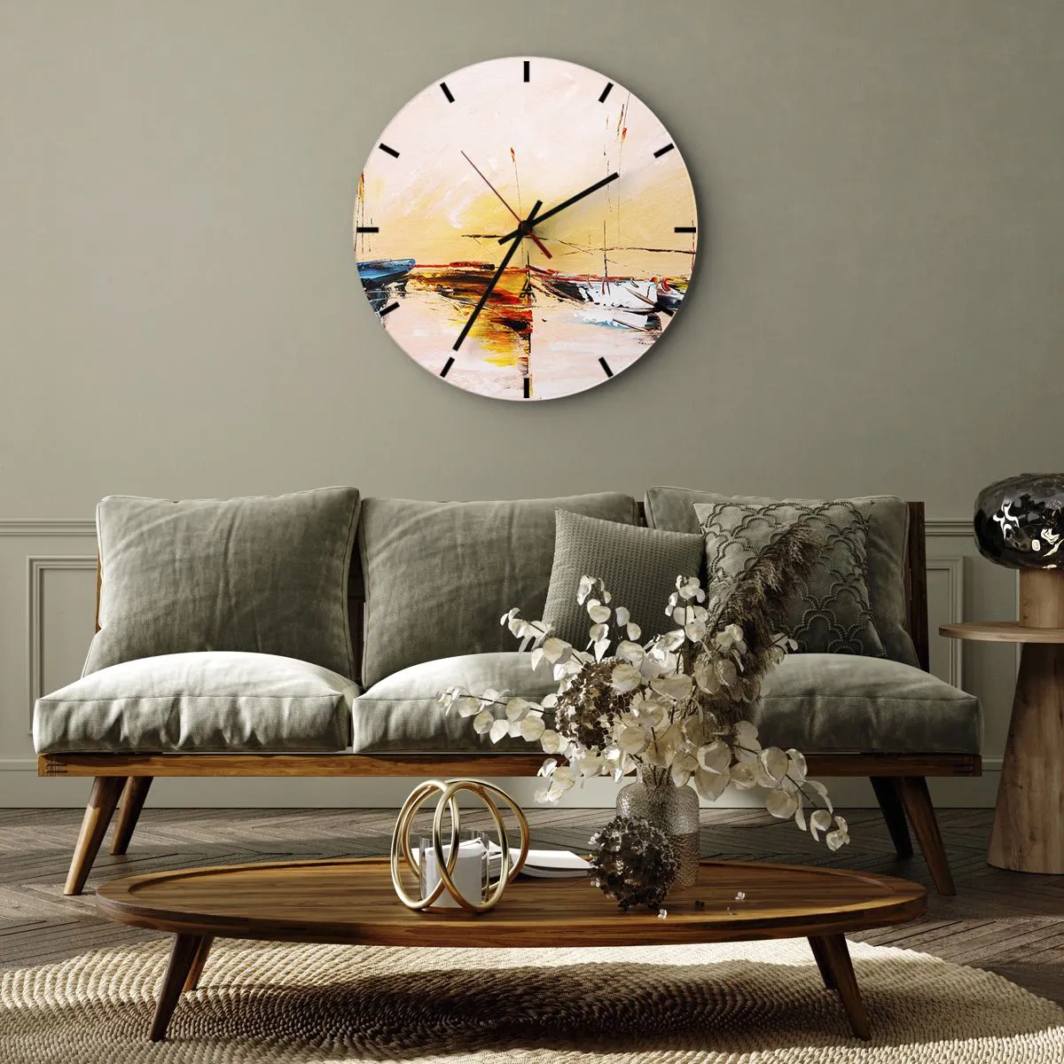 Nástěnné hodiny - Plachetnice v malebném přístavu při západu slunce - 30x30cm - Večer v přístavu - Moderní nástěnná dekorace do obývacího pokoje, kuchyně a ložnice ARTTOR