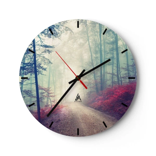 Nástěnné hodiny - Lesní cesta obklopená barevnými stromy v mlhavém světle - 30x30cm - Je dobře vstát s východem slunce - Moderní nástěnná dekorace do obývacího pokoje, kuchyně a ložnice ARTTOR