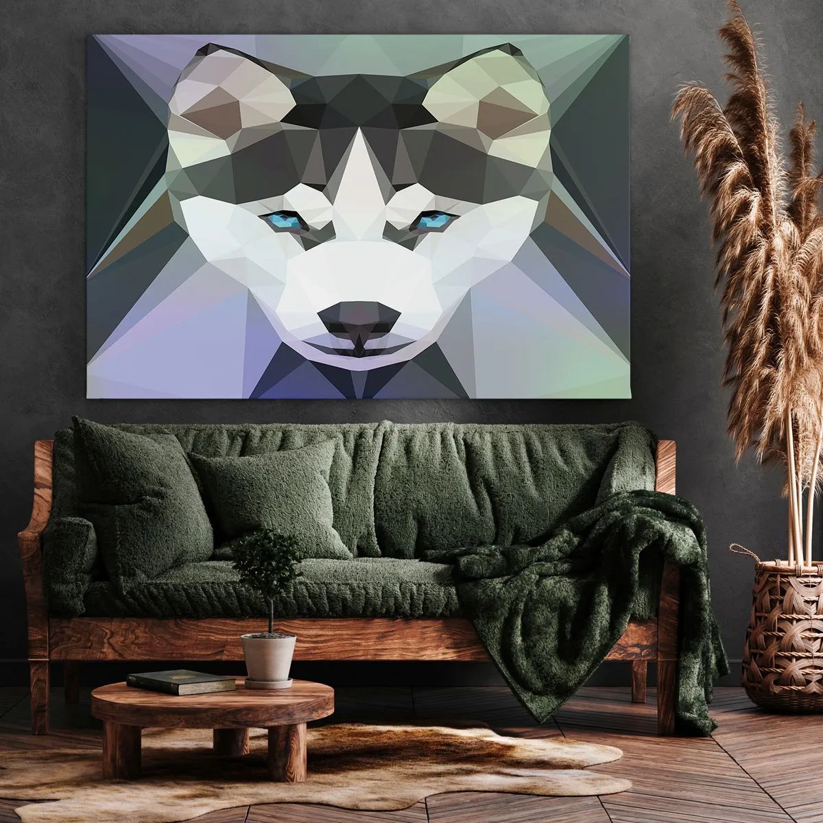 Obraz na plátně - Geometrický vlk s výraznýma modrýma očima - 70x50cm - Vzpomínka na sníh na severu - Moderní nástěnná dekorace do obývacího pokoje a ložnice ARTTOR