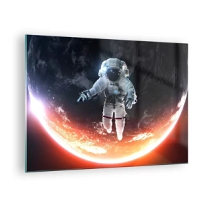 Obraz na skle - Astronaut ve vesmíru s planetou v pozadí - 70x50cm - Mohu zůstat ještě chvilku? - Moderní nástěnná dekorace do obývacího pokoje a ložnice ARTTOR