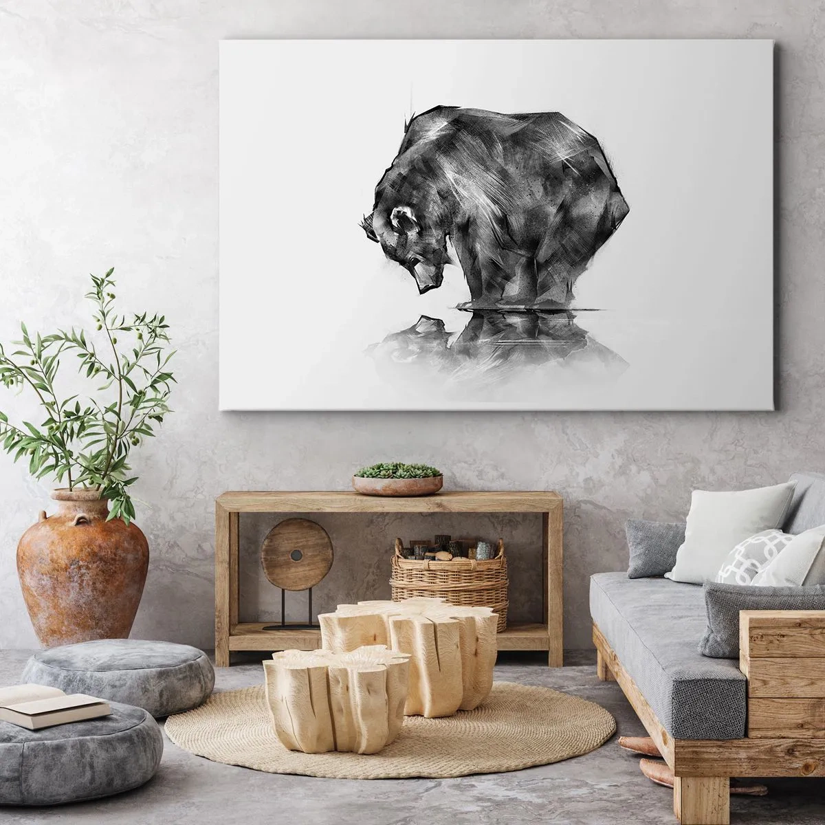 Obraz na plátně - Kresba medvěda v minimalistickém stylu - 70x50cm - Je příjemné se sekat s někým blízkým - Moderní nástěnná dekorace do obývacího pokoje a ložnice ARTTOR