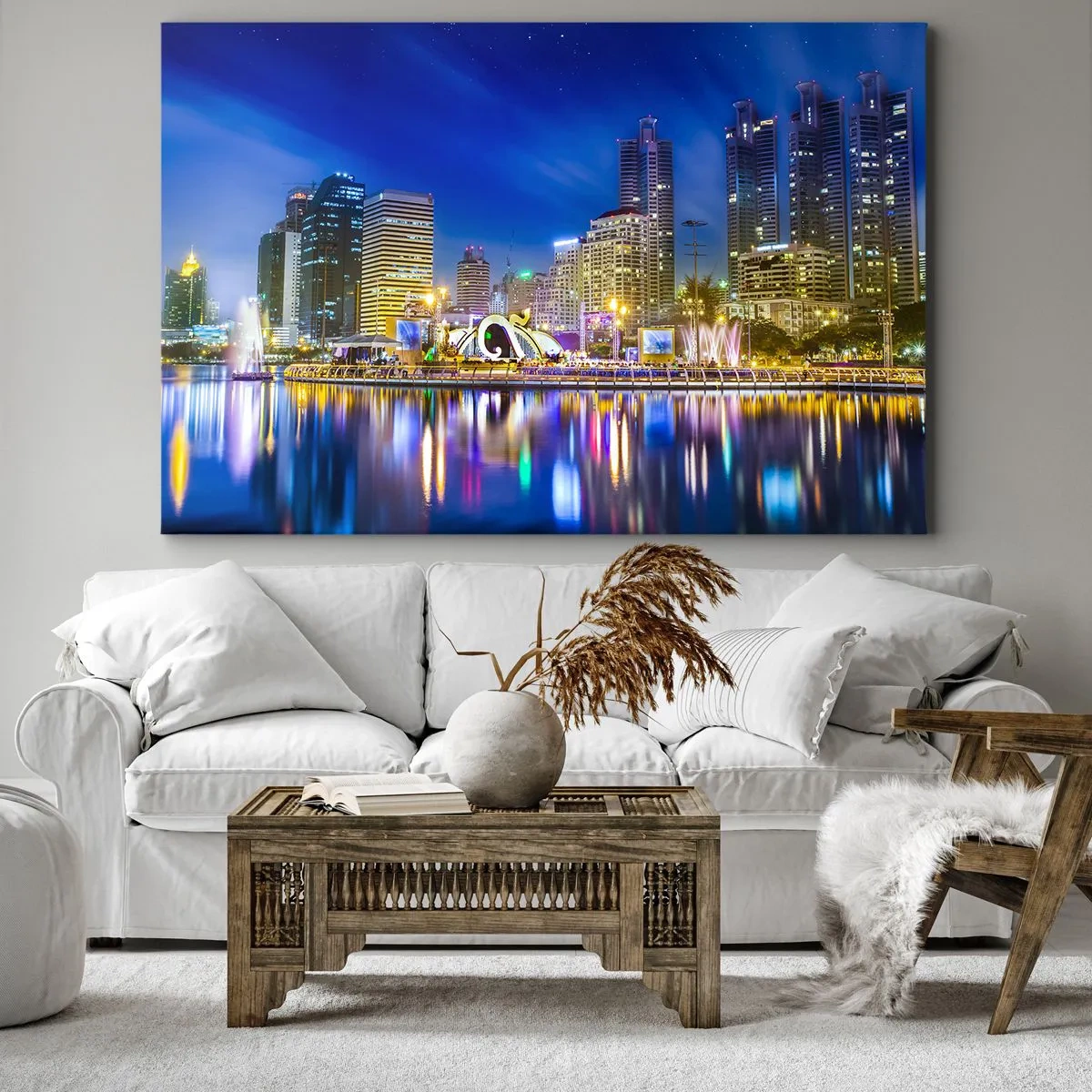 Obraz na plátně - Noční panorama města se světly odrážejícími se na vodě - 70x50cm - Duhová noc metropole - Moderní nástěnná dekorace do obývacího pokoje a ložnice ARTTOR