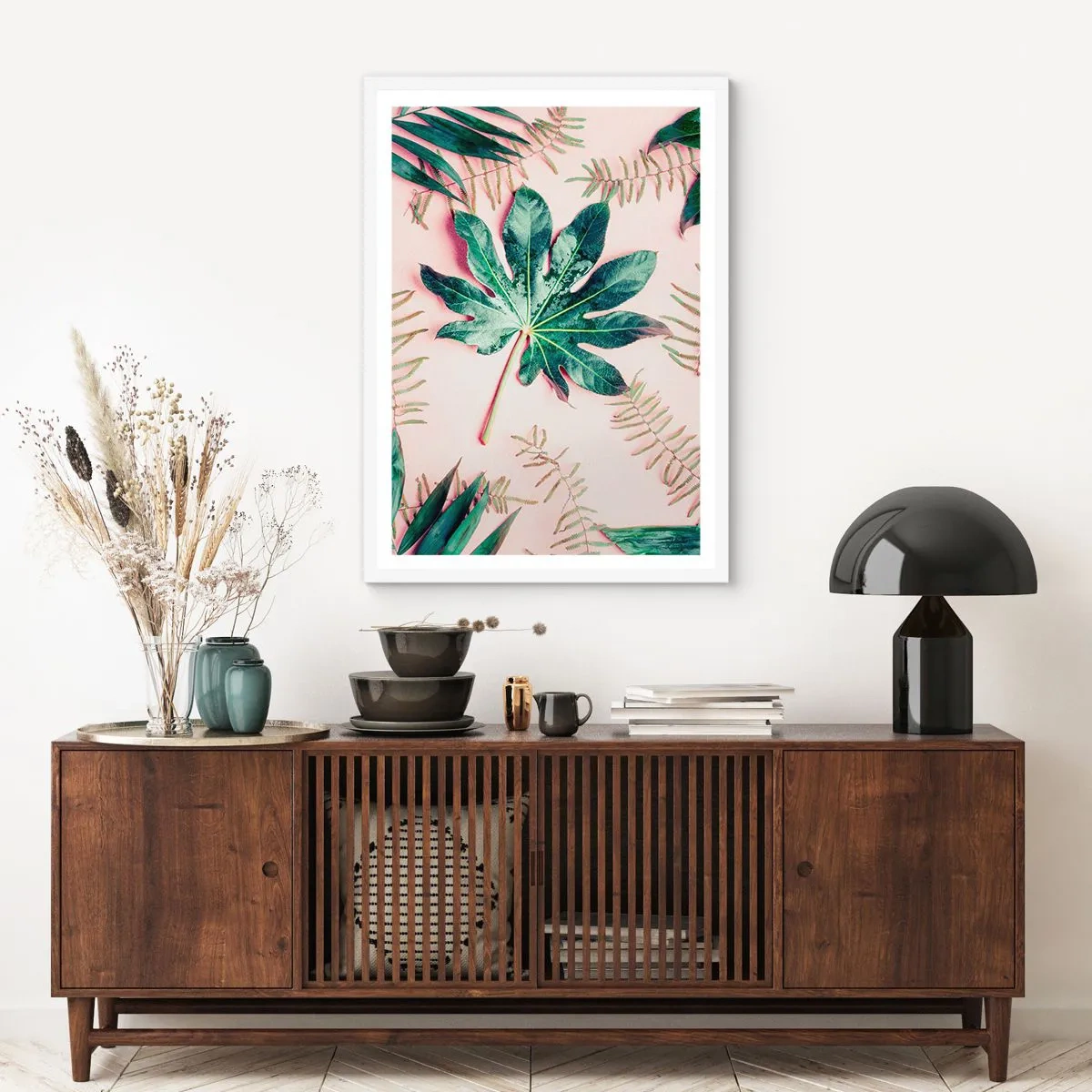 Plakát v bílém rámu - Studie zelené na růžovém pozadí - 70x100 cm