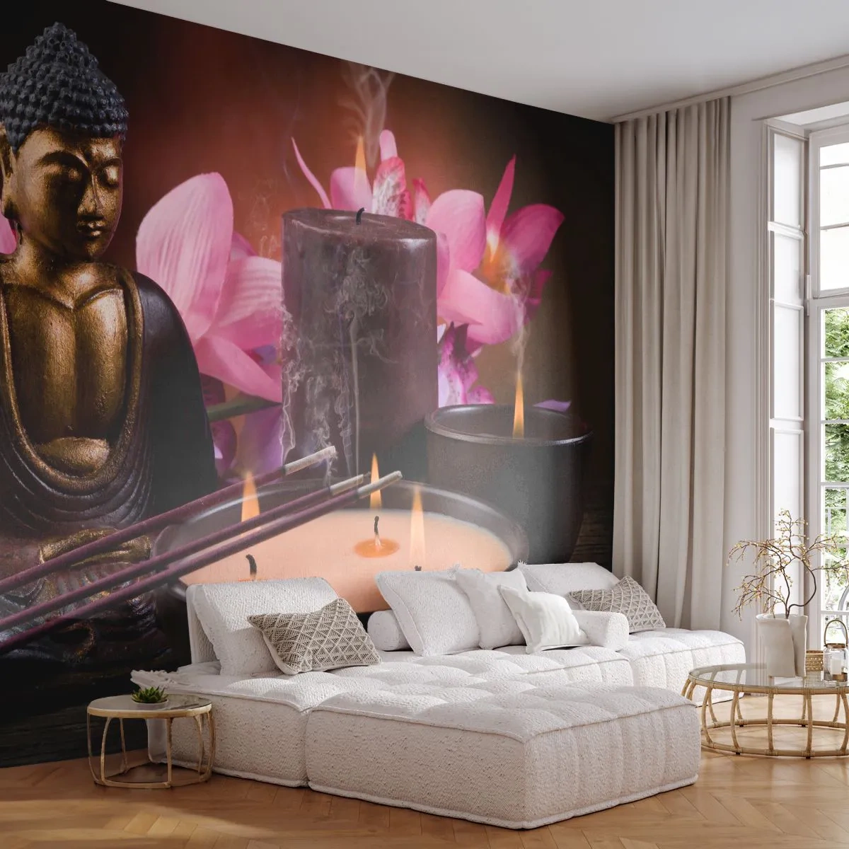 Fototapeta Samolepicí Deluxe Sticker - Očistit mysl, uklidnit tělo - Buddha, Náboženství, Květiny - 500x350 cm