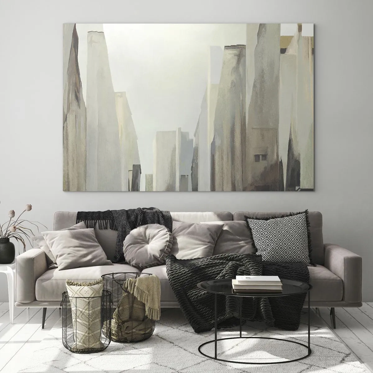 Obraz na skle - Abstraktní vize městských budov v tlumené paletě barev - 70x50cm - Sen o městě - Moderní nástěnná dekorace do obývacího pokoje a ložnice ARTTOR