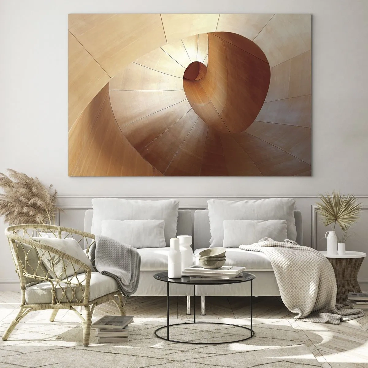 Obraz na skle - Dřevěná spirálová architektonická struktura v teplých barvách - 70x50cm - Architektonická serpentina - Moderní nástěnná dekorace do obývacího pokoje a ložnice ARTTOR