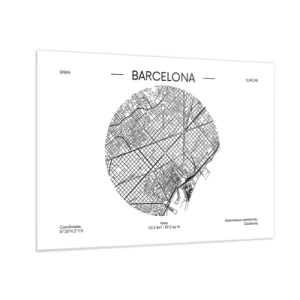 Obraz na skle - Minimalistická mapa Barcelony v černobílém provedení - 70x50cm - Anatomie Barcelony - Moderní nástěnná dekorace do obývacího pokoje a ložnice ARTTOR