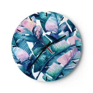 Nástěnné hodiny - Tropické listy v odstínech zelené a růžové - 30x30cm - V banánovém háji - Moderní nástěnná dekorace do obývacího pokoje, kuchyně a ložnice ARTTOR