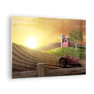 Obraz na skle - Západ slunce nad farmou s polem a traktorem - 70x50cm - Farma jako z pohádky - Moderní nástěnná dekorace do obývacího pokoje a ložnice ARTTOR