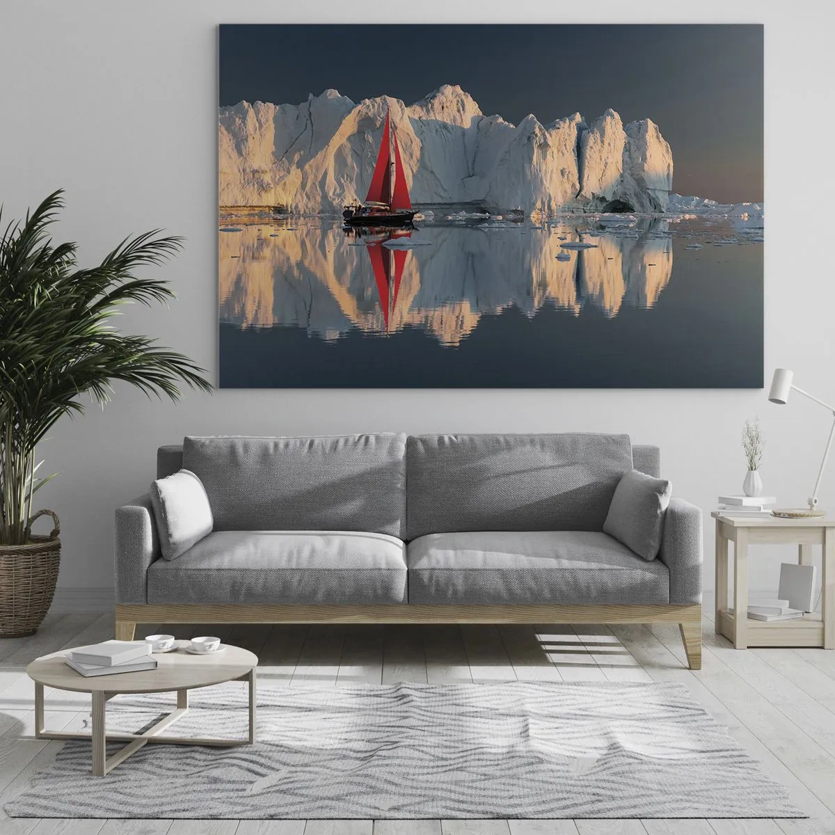 Obraz na skle - Plachetnice s červenou plachtou poblíž ledovců při západu slunce - 70x50cm - Na okraji světa - Moderní nástěnná dekorace do obývacího pokoje a ložnice ARTTOR