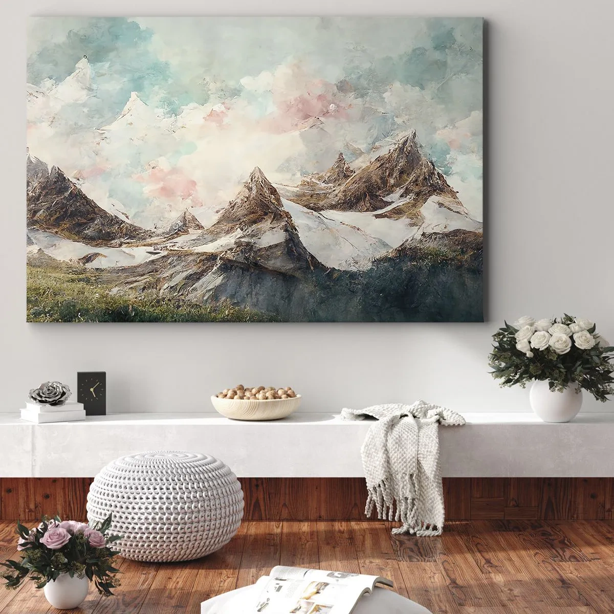 Obraz na plátně - Malebné hory s pastelovou oblohou - 70x50cm - Skalní čepele - Moderní nástěnná dekorace do obývacího pokoje a ložnice ARTTOR