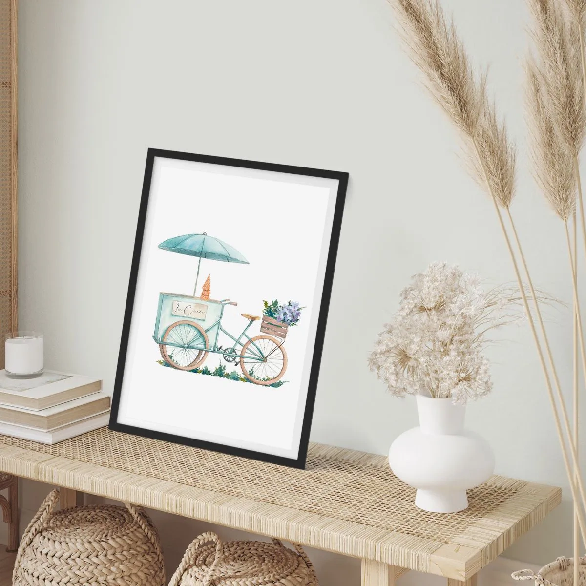 Plakát v černém rámu - Akvarelová ilustrace kola se zmrzlinou a květinami - 50x70cm - Sladká vzpomínka na léto - Moderní nástěnná dekorace do obývacího pokoje a ložnice ARTTOR