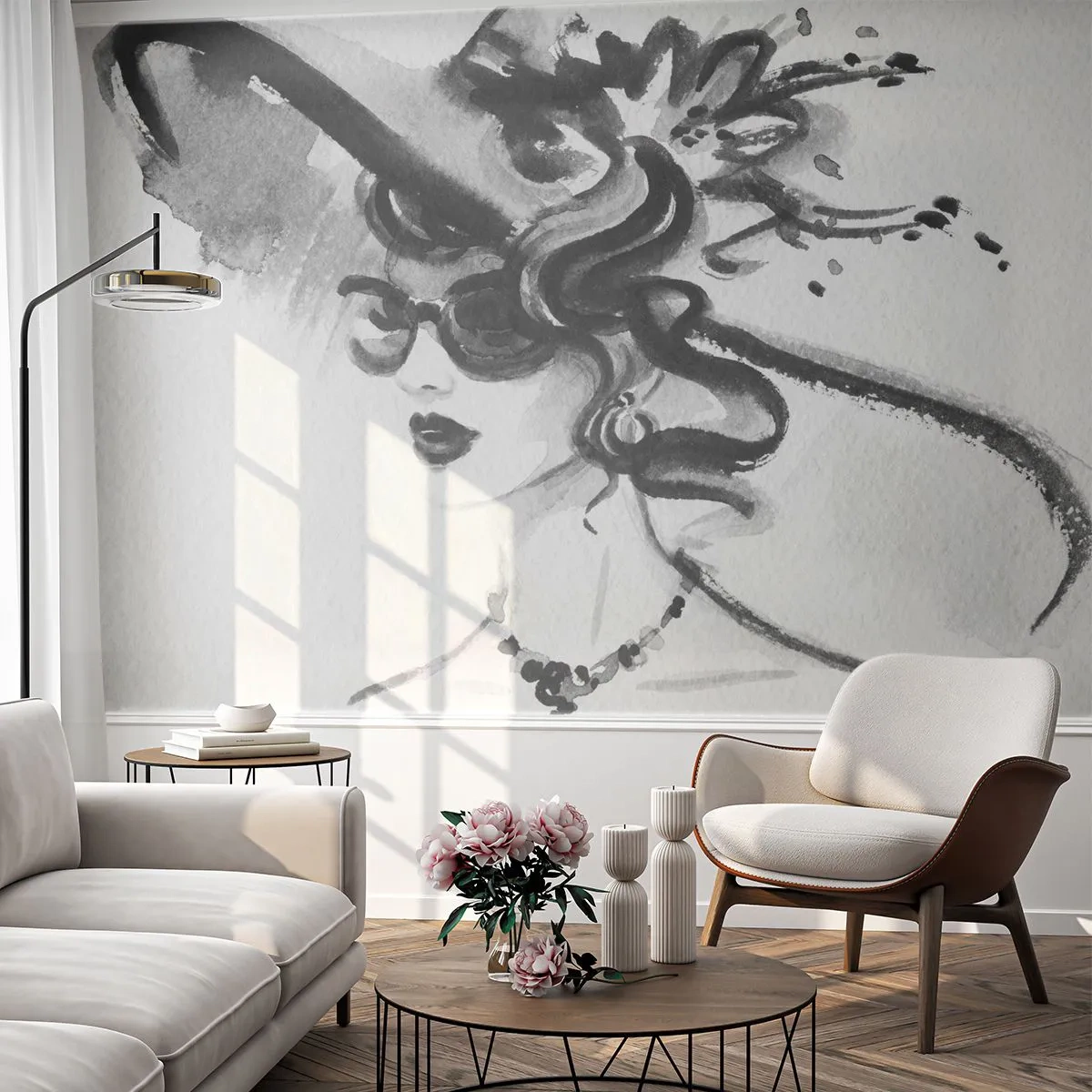 Fototapeta Premium Sand - Dáma s charakterem - žena V Klobouku, ženská tvář, Černý a bílý - 100x70 cm