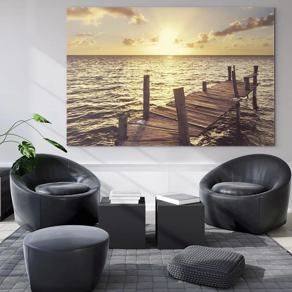 Obraz na skle - Dřevěné molo na pozadí zapadajícího slunce - 70x50cm - Zlatá země laskavosti - Moderní nástěnná dekorace do obývacího pokoje a ložnice ARTTOR