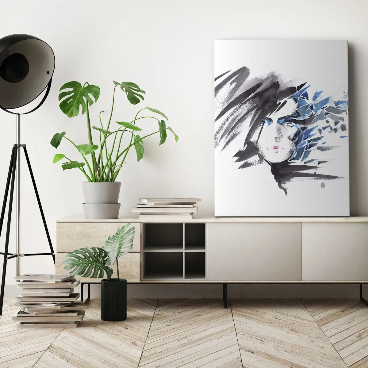 Obraz na plátně - Smyslný portrét v šedé a modré - 65x120 cm