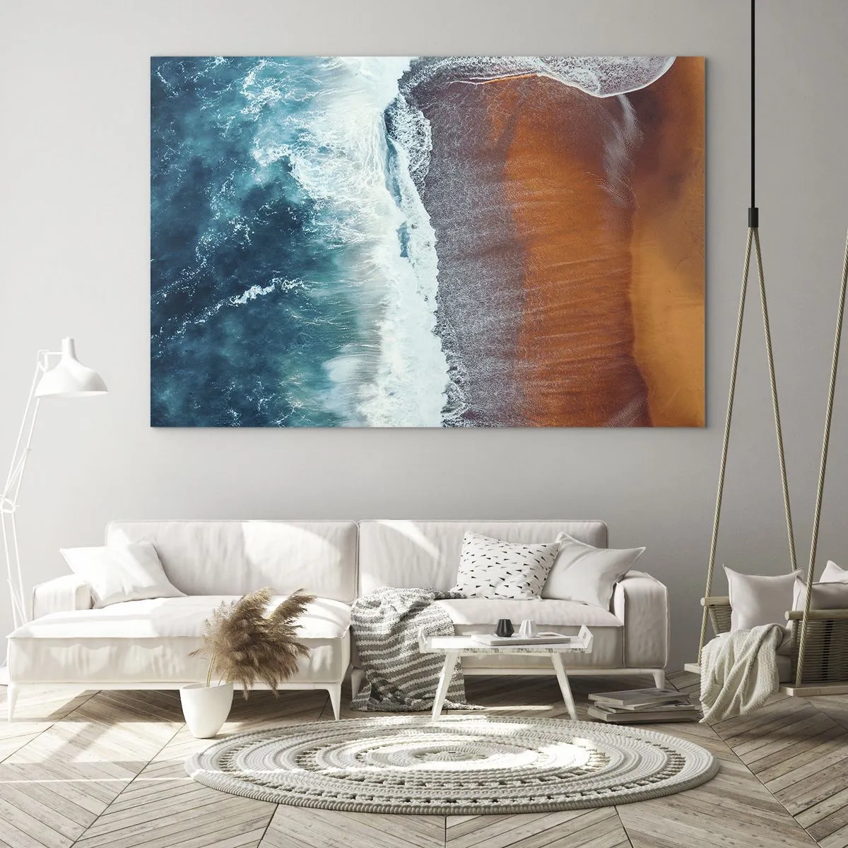 Obraz na skle - Letecký pohled na hladinu oceánu a pobřeží pláže - 70x50cm - Dotek oceánu - Moderní nástěnná dekorace do obývacího pokoje a ložnice ARTTOR