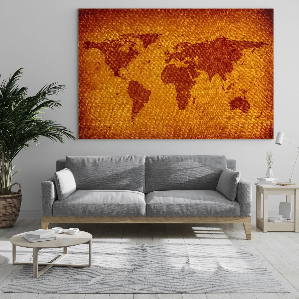 Obraz na skle - Mapa světa v teplých, sépiových barvách - 70x50cm - Pozvánka na cestování - Moderní nástěnná dekorace do obývacího pokoje a ložnice ARTTOR