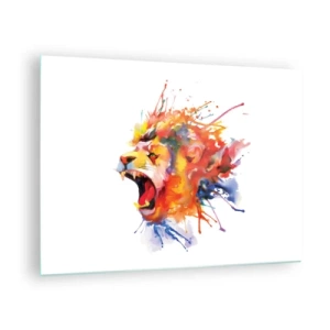 Obraz na skle - Barevný lev ve stylu akvarelu na bílém pozadí - 70x50cm - Vybuchnout hněvem  - Moderní nástěnná dekorace do obývacího pokoje a ložnice ARTTOR