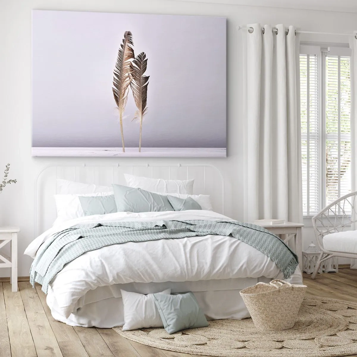 Obraz na plátně - Jemné peří na světlém pozadí v minimalistickém stylu - 70x50cm - Proti nicotě - Moderní nástěnná dekorace do obývacího pokoje a ložnice ARTTOR